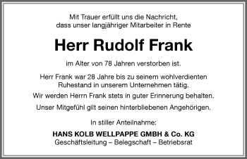 Traueranzeige von Rudolf Frank von Memminger Zeitung