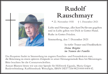 Traueranzeige von Rudolf Rauschmayr von Der Westallgäuer