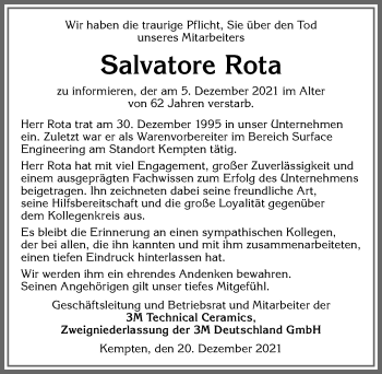 Traueranzeige von Salvatore Rota von Allgäuer Zeitung,Kempten