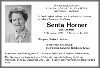 Traueranzeige von Senta Horner von Allgäuer Anzeigeblatt