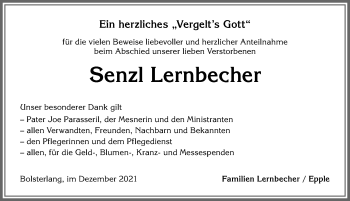 Traueranzeige von Senzl Lernbecher von Allgäuer Anzeigeblatt
