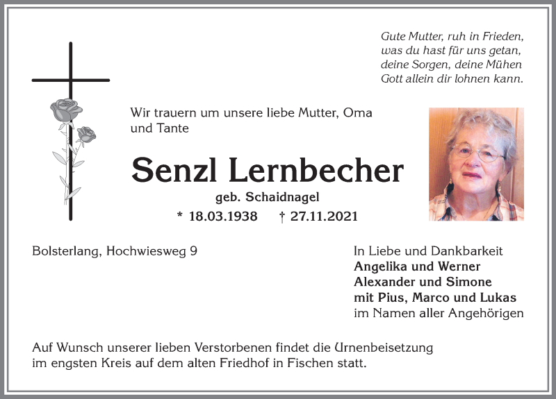  Traueranzeige für Senzl Lernbecher vom 02.12.2021 aus Allgäuer Anzeigeblatt