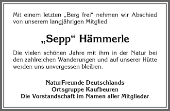 Traueranzeige von Sepp Hämmerle von Allgäuer Zeitung, Kaufbeuren/Buchloe