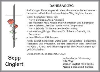 Traueranzeige von Sepp Unglert von Allgäuer Zeitung,Kempten