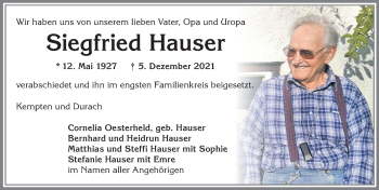 Traueranzeige von Siegfried Hauser von Der Westallgäuer