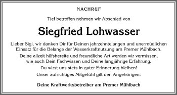 Traueranzeige von Siegfried Lohwasser von Allgäuer Zeitung, Füssen
