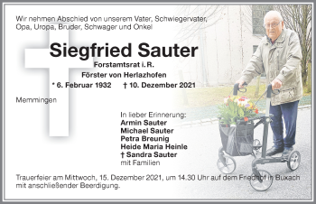 Traueranzeige von Siegfried Sauter von Memminger Zeitung