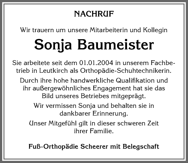  Traueranzeige für Sonja Baumeister vom 08.12.2021 aus Memminger Zeitung