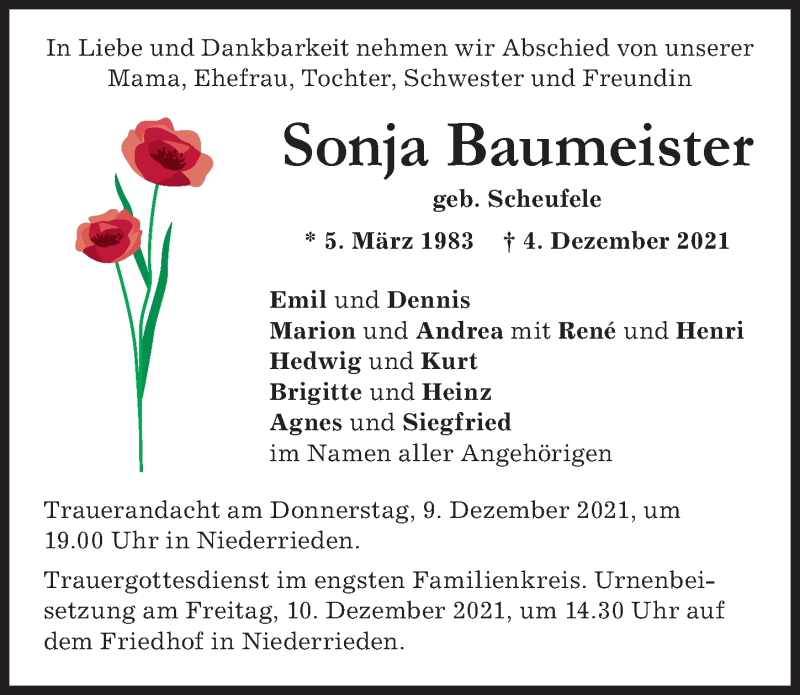  Traueranzeige für Sonja Baumeister vom 08.12.2021 aus Memminger Zeitung