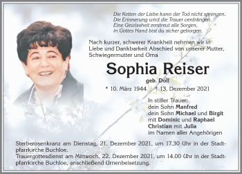 Traueranzeige von Sophia Reiser von Allgäuer Zeitung, Kaufbeuren/Buchloe