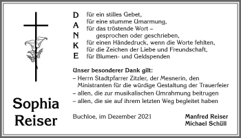 Traueranzeige von Sophia Reiser von Allgäuer Zeitung, Kaufbeuren/Buchloe