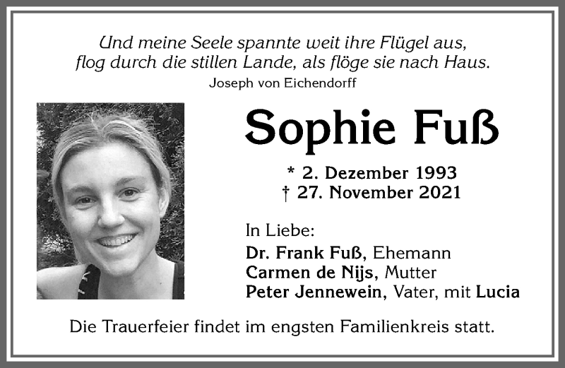  Traueranzeige für Sophie Fuß vom 02.12.2021 aus Allgäuer Zeitung,Kempten