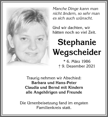 Traueranzeige von Stephanie Wegscheider von Allgäuer Zeitung,Kempten