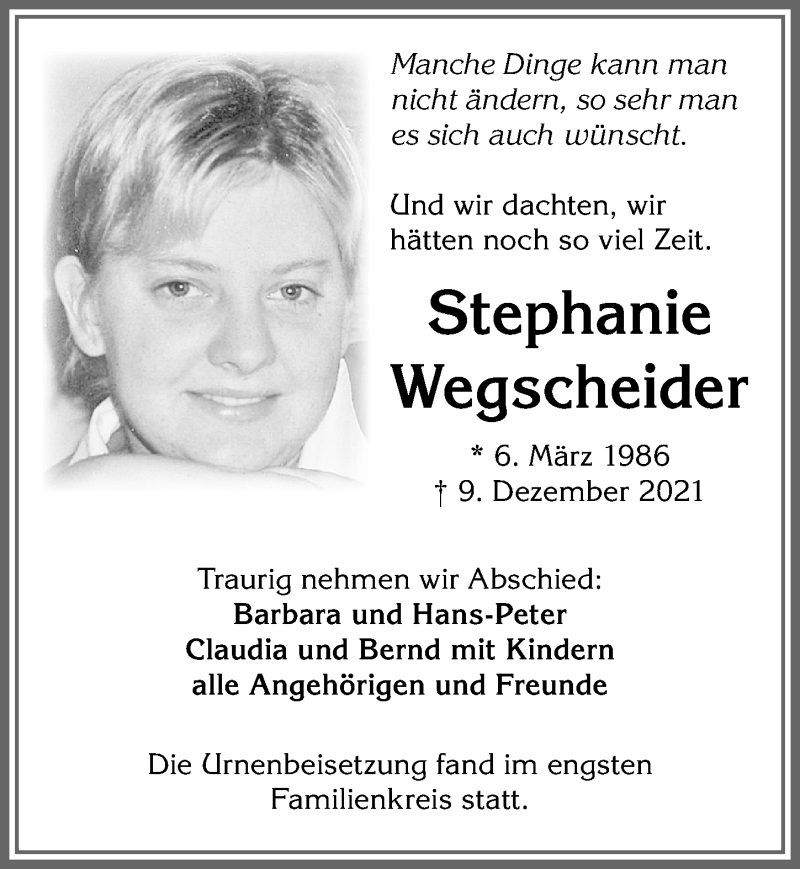  Traueranzeige für Stephanie Wegscheider vom 27.12.2021 aus Allgäuer Zeitung,Kempten