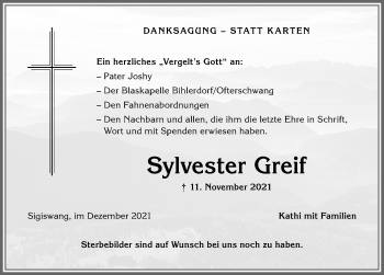 Traueranzeige von Sylvester Greif von Allgäuer Anzeigeblatt