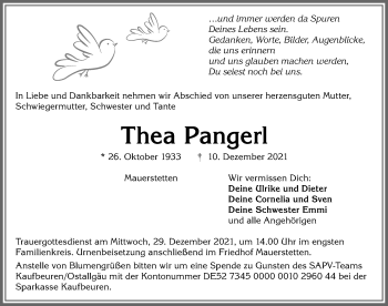 Traueranzeige von Thea Pangerl von Allgäuer Zeitung, Kaufbeuren/Buchloe