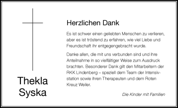 Traueranzeige von Thekla Syska von Der Westallgäuer