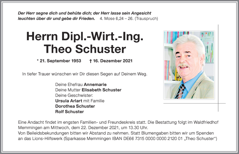  Traueranzeige für Theo Schuster vom 20.12.2021 aus Memminger Zeitung
