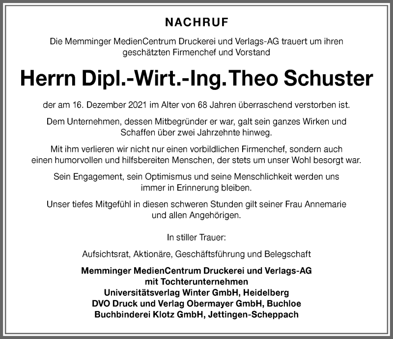  Traueranzeige für Theo Schuster vom 20.12.2021 aus Memminger Zeitung