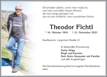 Traueranzeige von Theodor Fichtl von Allgäuer Zeitung, Kaufbeuren/Buchloe