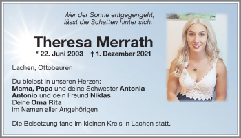 Traueranzeige von Theresa Merrath von Memminger Zeitung