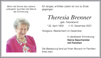 Traueranzeige von Theresia Brenner von Memminger Zeitung