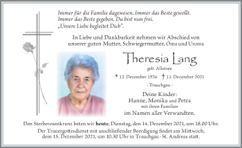 Traueranzeige von Theresia Lang von Allgäuer Zeitung, Füssen