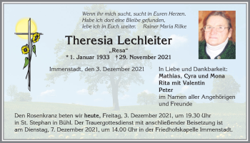 Traueranzeige von Theresia Lechleiter von Allgäuer Anzeigeblatt