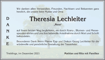 Traueranzeige von Theresia Lechleiter von Allgäuer Anzeigeblatt