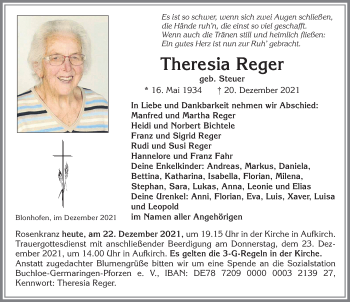 Traueranzeige von Theresia Reger von Allgäuer Zeitung, Kaufbeuren/Buchloe