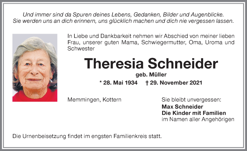  Traueranzeige für Theresia Schneider vom 03.12.2021 aus Memminger Zeitung