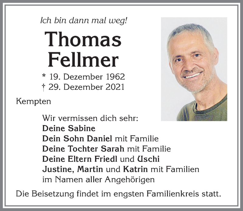  Traueranzeige für Thomas Fellmer vom 31.12.2021 aus Allgäuer Zeitung,Kempten