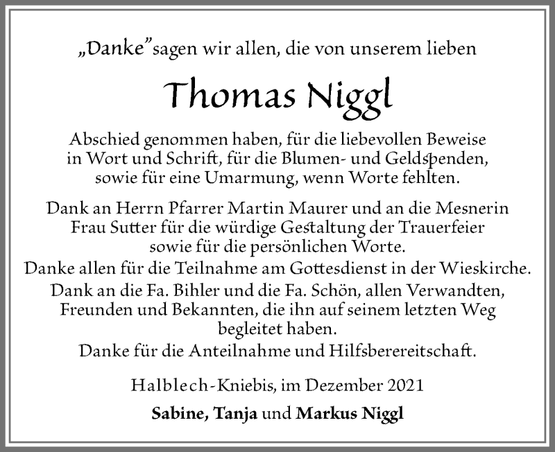  Traueranzeige für Thomas Niggl vom 10.12.2021 aus Allgäuer Zeitung, Füssen