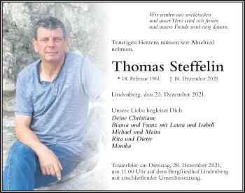 Traueranzeige von Thomas Steffelin von Der Westallgäuer