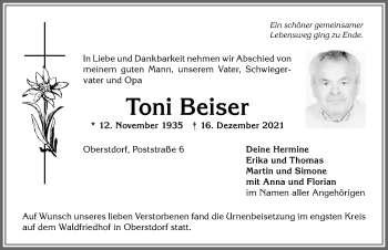Traueranzeige von Toni Beiser von Allgäuer Anzeigeblatt
