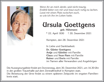 Traueranzeige von Ursula Goettgens von Allgäuer Zeitung,Kempten