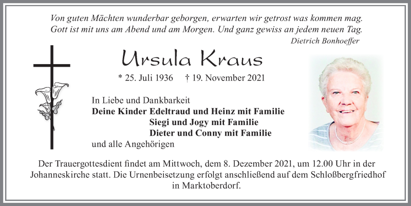  Traueranzeige für Ursula Kraus vom 04.12.2021 aus Allgäuer Zeitung, Marktoberdorf