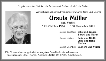 Traueranzeige von Ursula Müller von Allgäuer Zeitung, Kaufbeuren/Buchloe