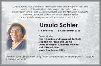Traueranzeige von Ursula Schier von Allgäuer Zeitung, Kaufbeuren/Buchloe