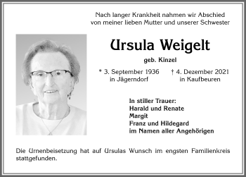 Traueranzeige von Ursula Weigelt von Allgäuer Zeitung, Kaufbeuren/Buchloe