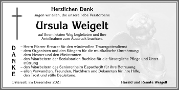 Traueranzeige von Ursula Weigelt von Allgäuer Zeitung, Kaufbeuren/Buchloe