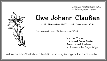 Traueranzeige von Uwe Johann Claußen von Allgäuer Anzeigeblatt