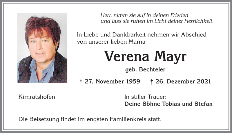 Traueranzeige für Verena Mayr vom 31.12.2021 aus Allgäuer Zeitung,Kempten
