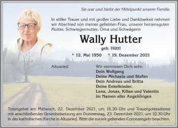 Traueranzeige von Wally Hutter von Allgäuer Zeitung,Kempten
