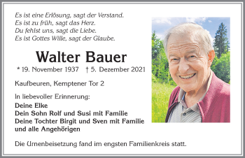 Traueranzeige von Walter Bauer von Allgäuer Zeitung, Kaufbeuren/Buchloe