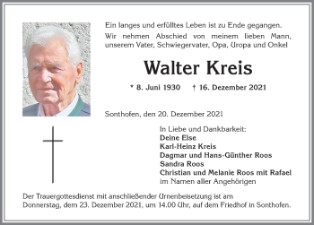 Traueranzeige von Walter Kreis von Allgäuer Anzeigeblatt