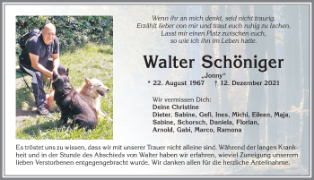 Traueranzeige von Walter Schöniger von Allgäuer Zeitung, Marktoberdorf