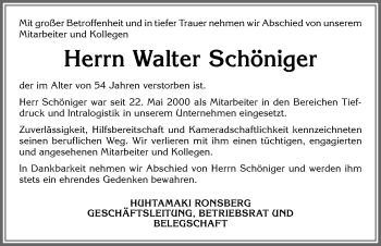 Traueranzeige von Walter Schöniger von Allgäuer Zeitung, Marktoberdorf