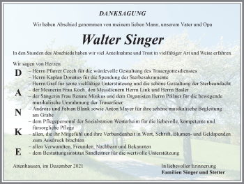 Traueranzeige von Walter Singer von Memminger Zeitung