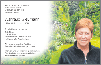 Traueranzeige von Waltraud Gießmann von Memminger Zeitung
